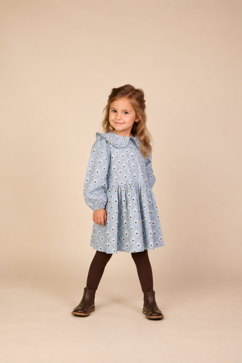 Blomstret bomuldskjole med flæsekrave Kids - Blue/Brown | 101427 Nova