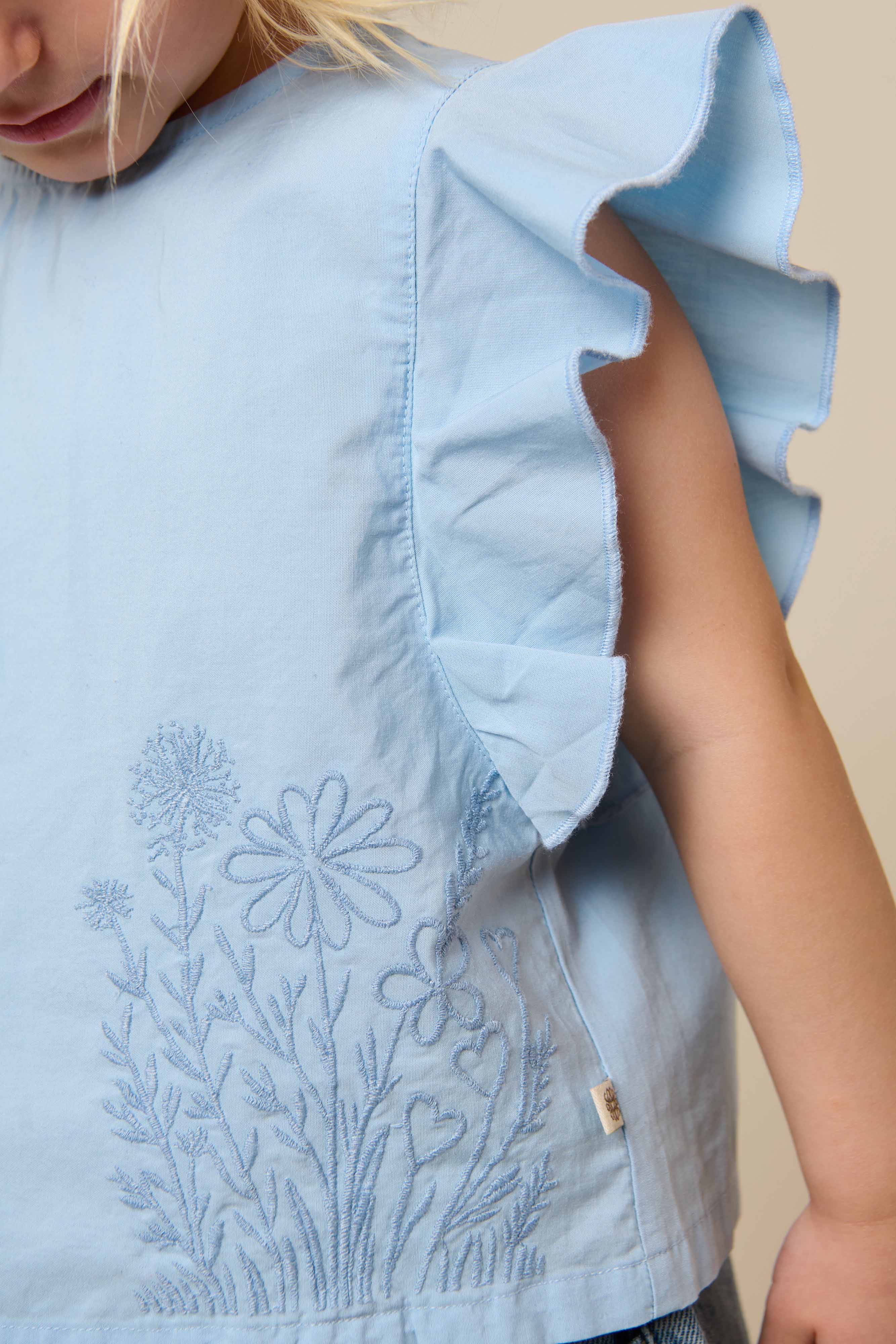 Poplinbluse med broderi - Kids - Powder Blue | 101042 Barbara