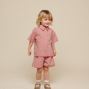 Stribet poplin sæt med skjorte og shorts - Kids - Old Rose/Cherry Red | 100946 Olivia