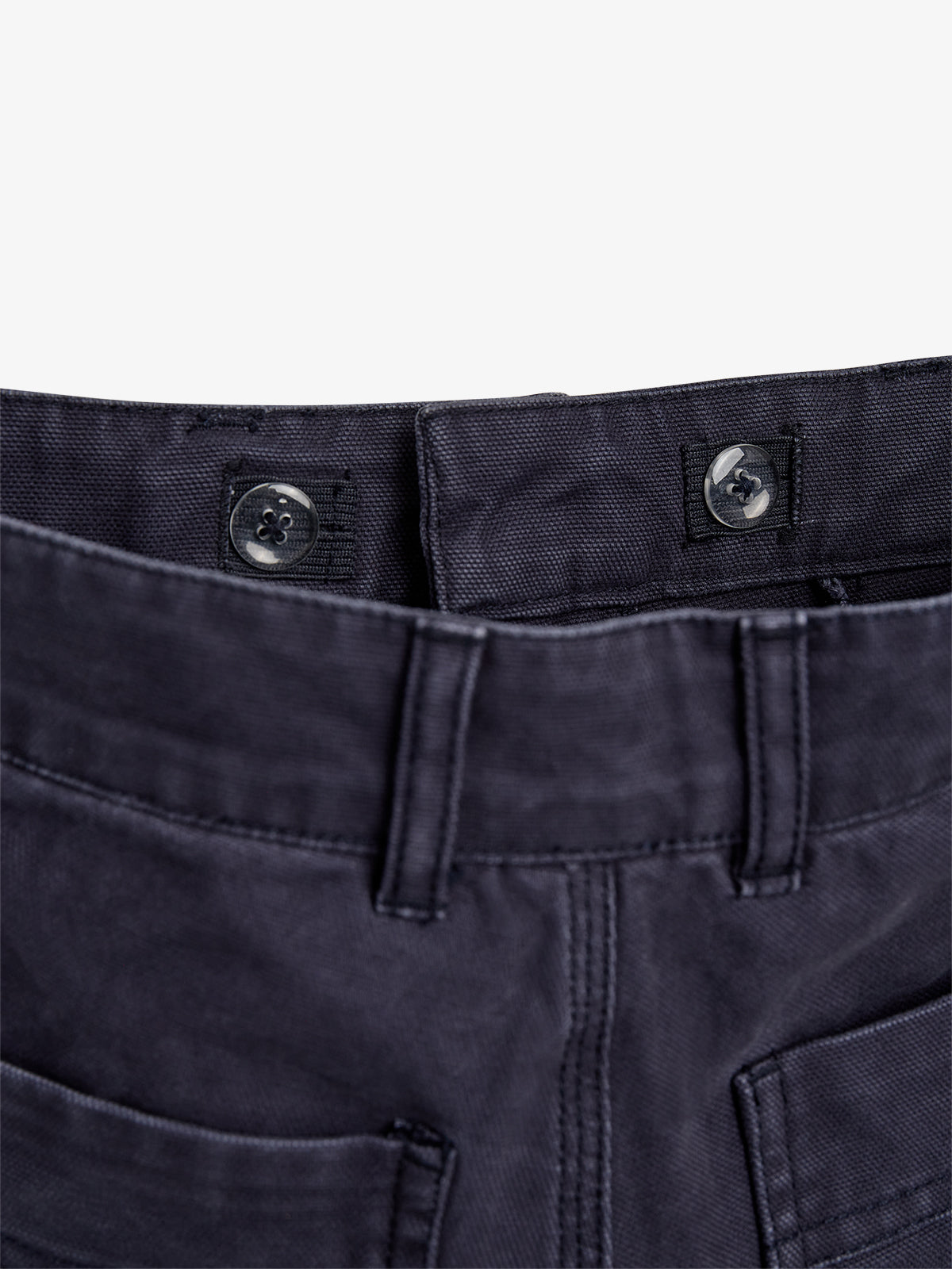 Dark blue pants with a close-up of the waistband show two buttons, each with a hook-and-eye closure. The fabric is detailed with visible stitching, providing a secure fastening mechanism.