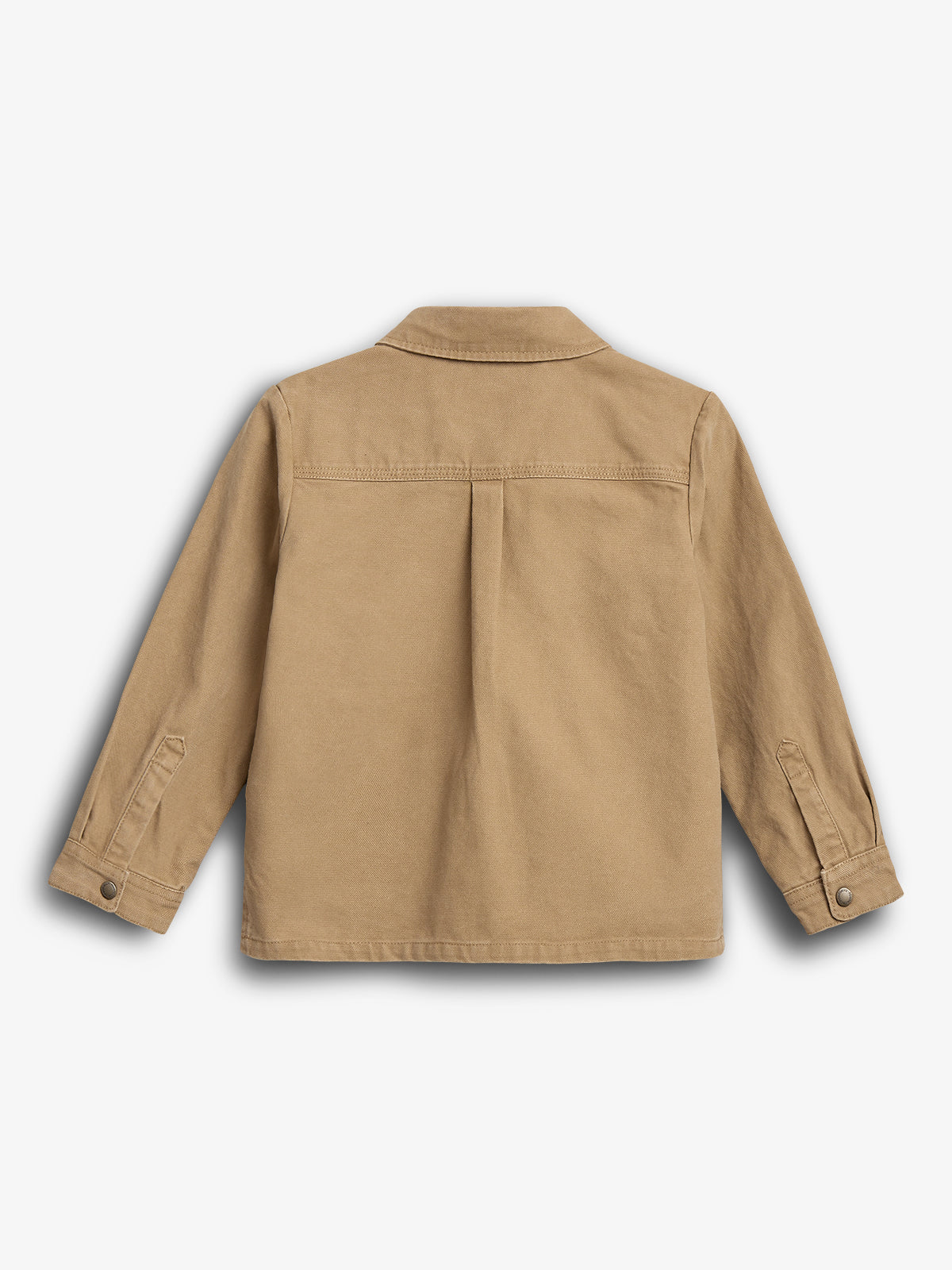 Jakke i beige farve, set bagfra, med lange ærmer og knap-lukning ved ærmerne, placeret på en hvid baggrund.