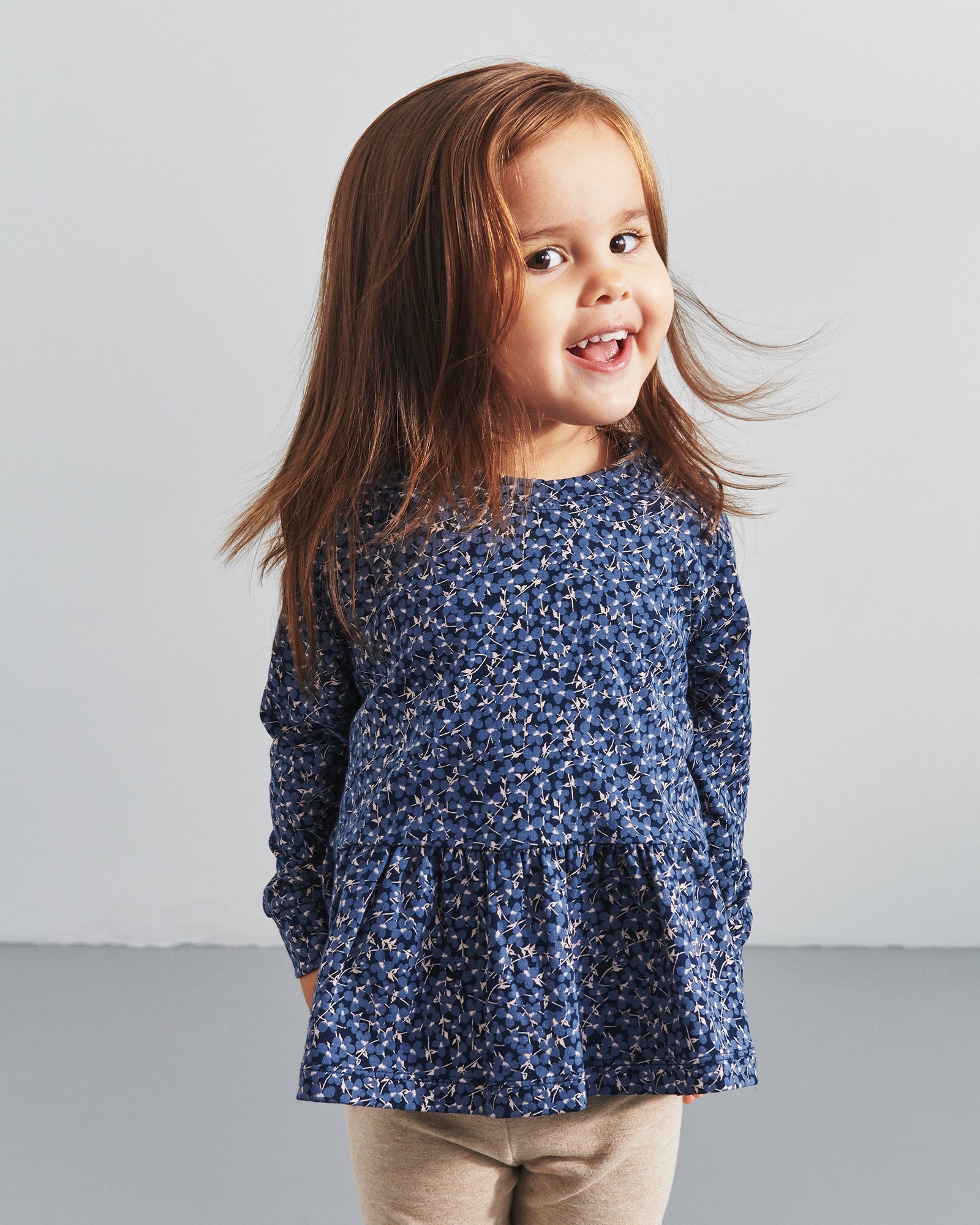 Peplum-bluse i jersey med ditsy-print - Little - Blue