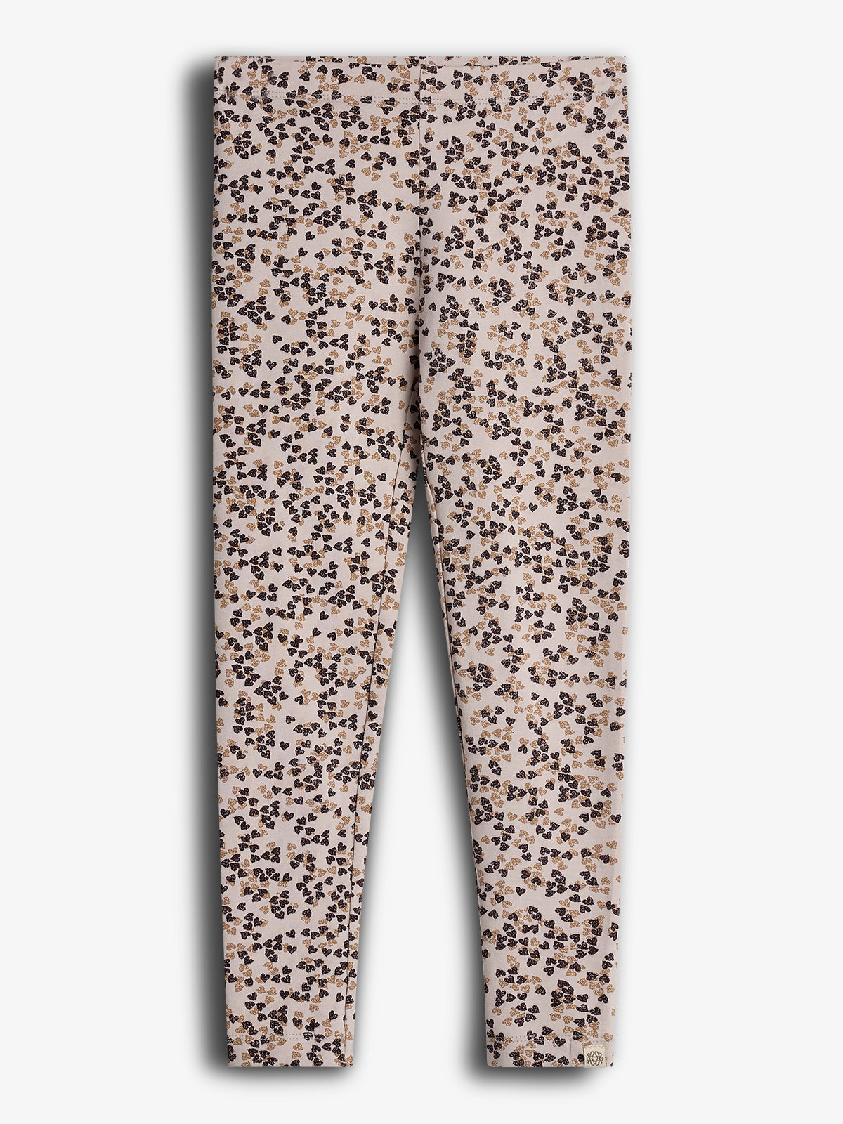 Leggings med blomstermønster i lilla og beige nuancer ligger fladt mod en hvid baggrund.