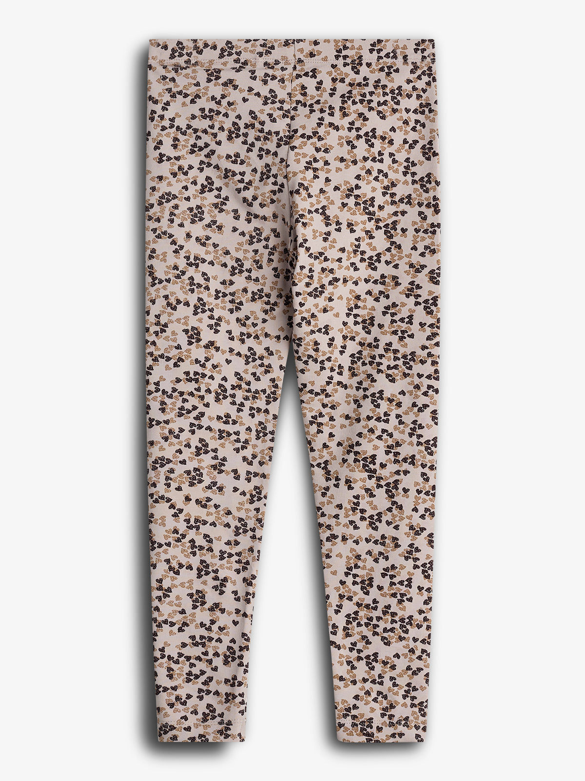 Leggings med blomstermønster i sorte og brune nuancer på en lysegrå baggrund, lagt ud fladt i studiomiljø mod en hvid baggrund.