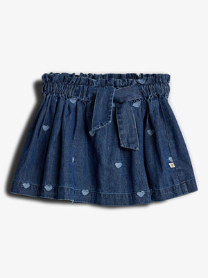 Denim Nederdel med Broderi - Mørkeblå Denim med Blå Hjerte | 100181 Debbie