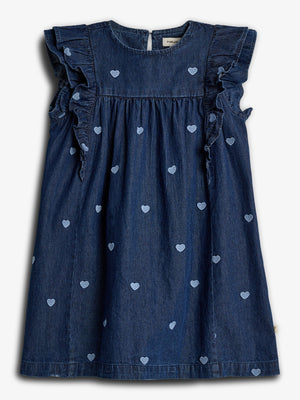 Denimkjole med broderi - Mørkeblå denim med blå hjerte | 100183 Debbie