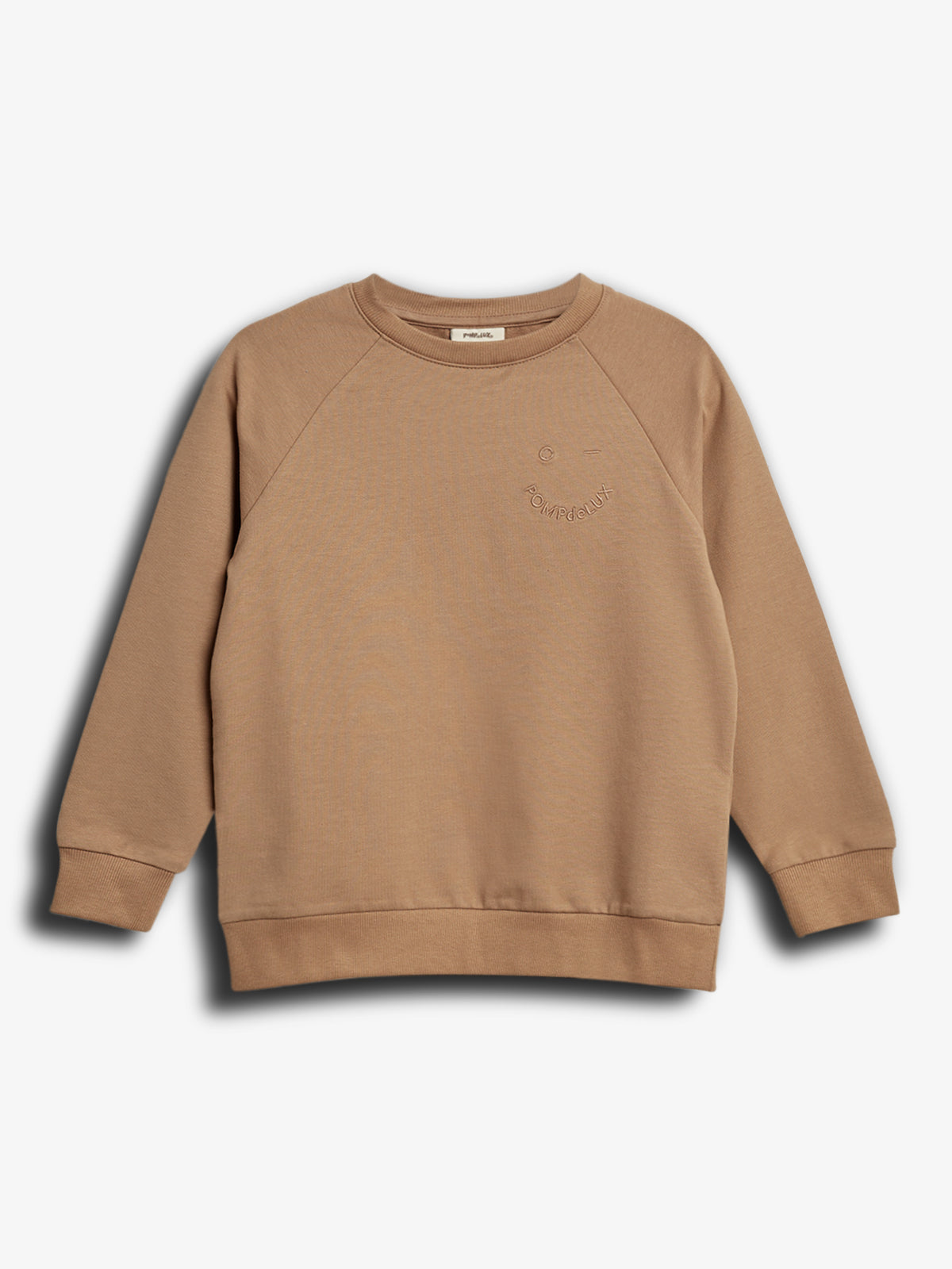 Brun sweatshirt ligger fladt, med broderet tekst "POMPdeLUX" på brystet, mod en hvid baggrund.