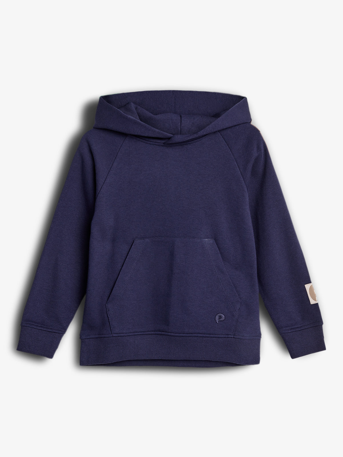 A dark blue hoodie features a kangaroo pocket with a small logo on the lower front. The background is plain white, emphasizing the garment's design and color.
