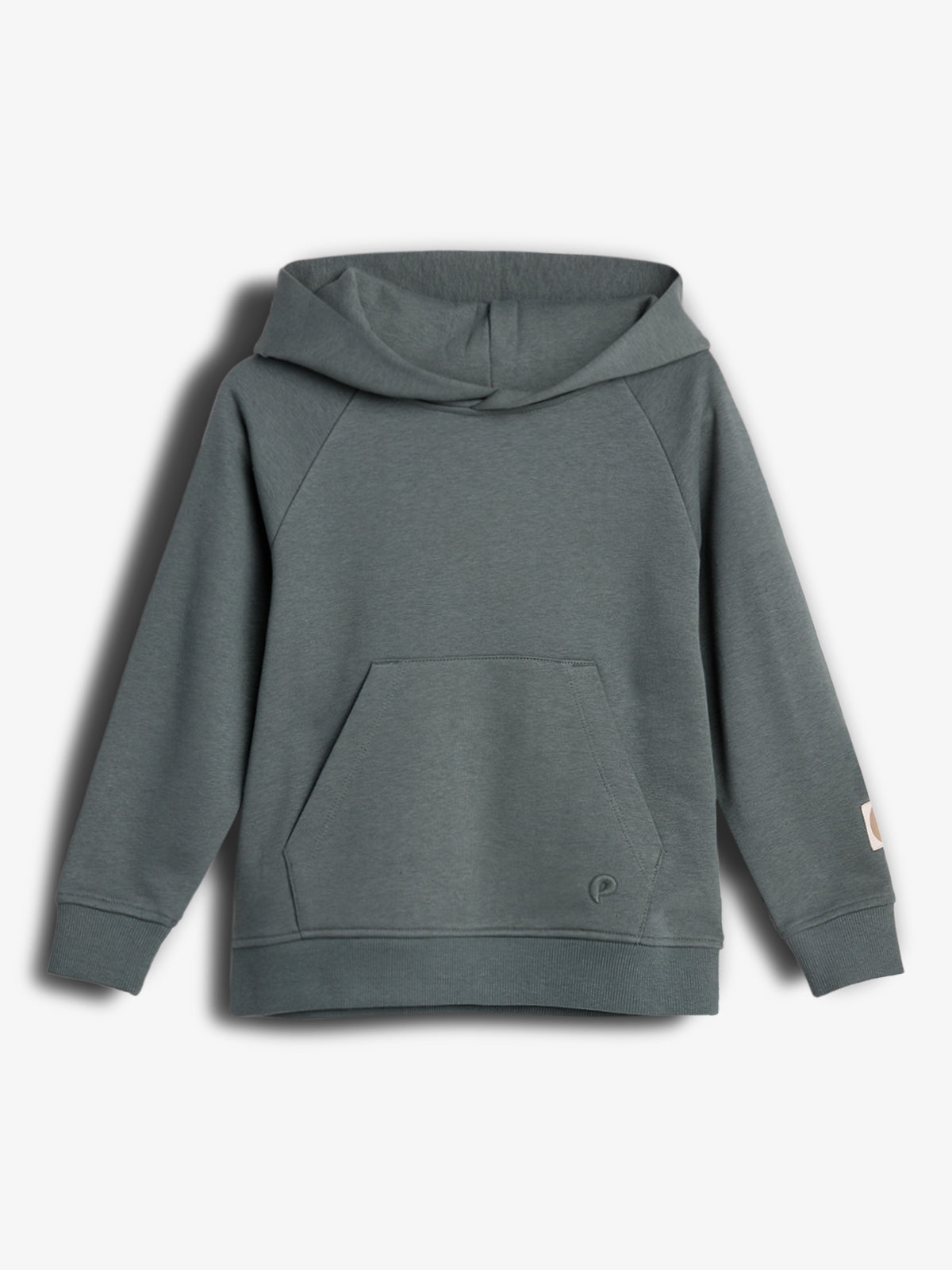 A gray hoodie lies flat against a plain background, featuring a front kangaroo pocket and subtle logo on the lower left. The garment's sleeves and waistband are ribbed.