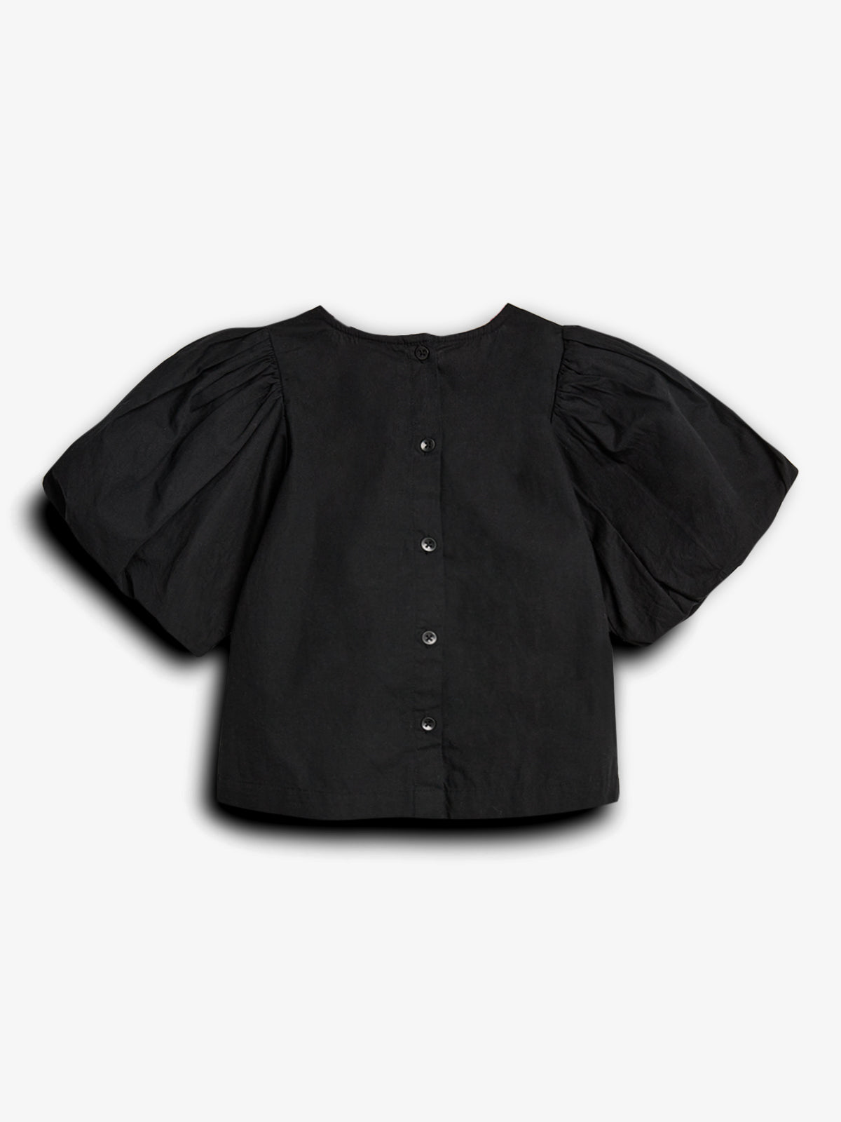 A black blouse with puffed sleeves features buttons down the back, set against a plain white background.