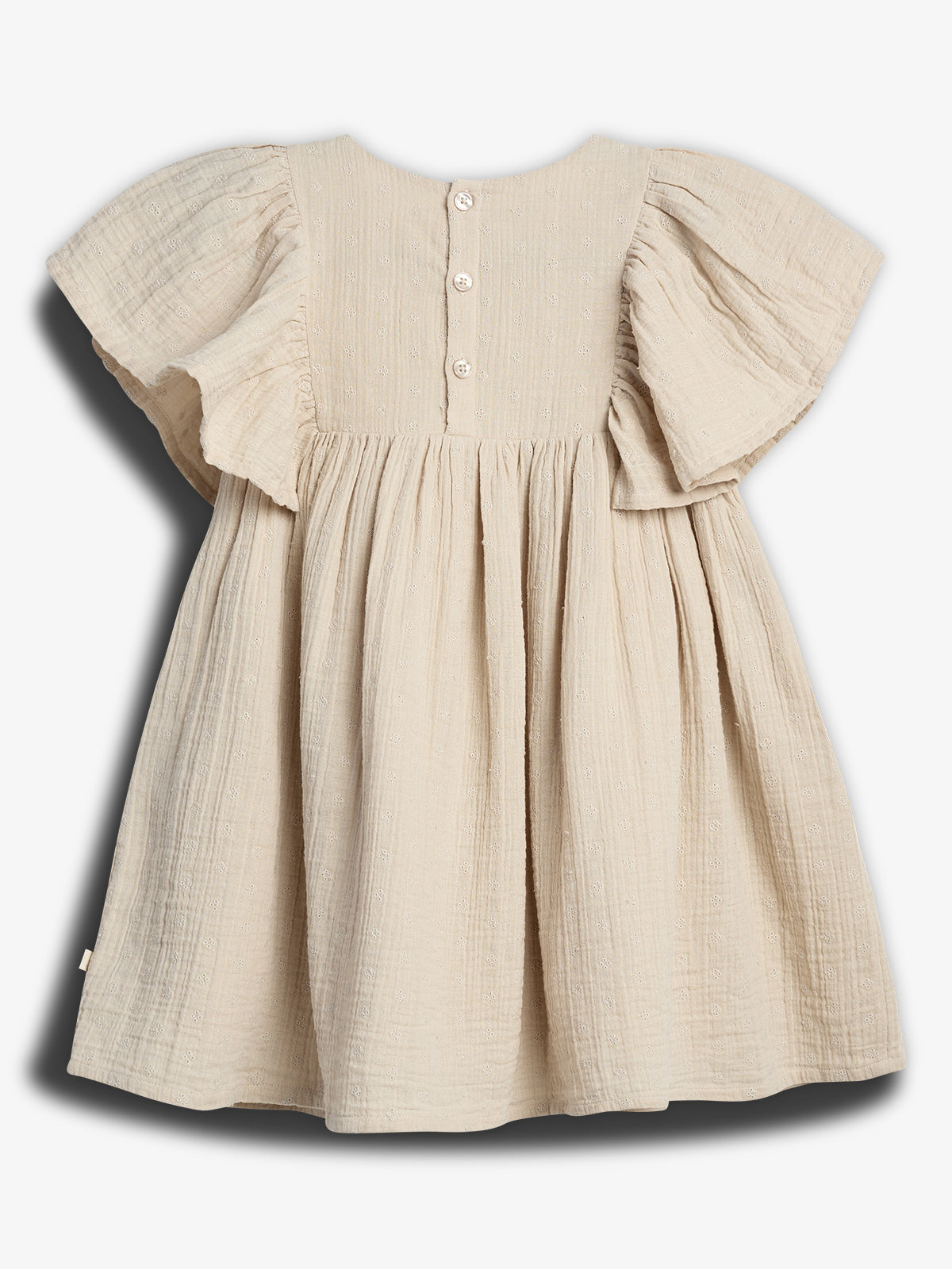 A beige, short-sleeved dress with ruffled arms and three back buttons, set against a plain white background.
