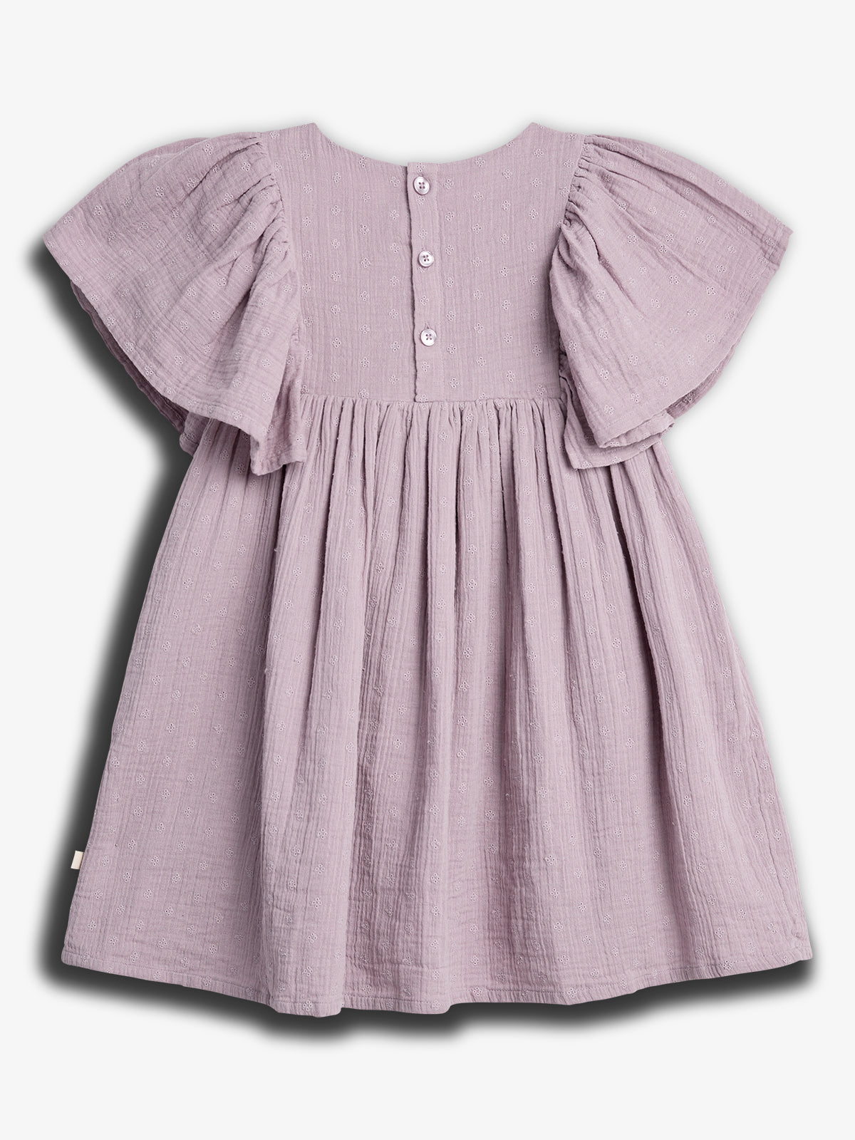 A lavender dress features button closures on the back, short, ruffled sleeves, and an A-line silhouette. It's set against a plain white background.