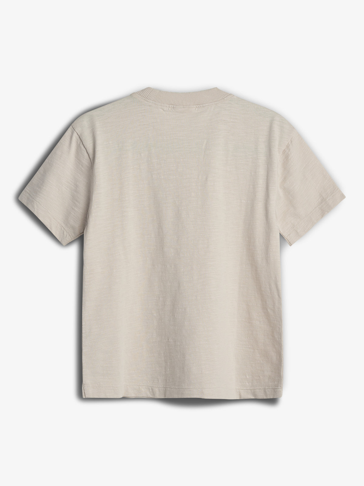 A beige T-shirt is laid flat, viewed from the back. The short sleeves and ribbed neckline are visible, set against a white background.