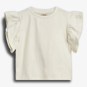 A cream-colored t-shirt features ruffled sleeves and a round neckline. The garment is displayed against a plain white background.