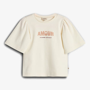 T-Shirt med Puffærme og Print - Tween - Off White | 100463 Rosa