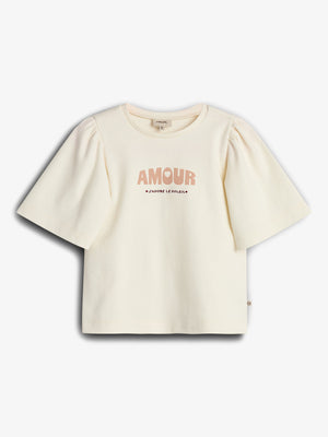T-Shirt med Puffærme og Print - Tween - Off White | 100463 Rosa