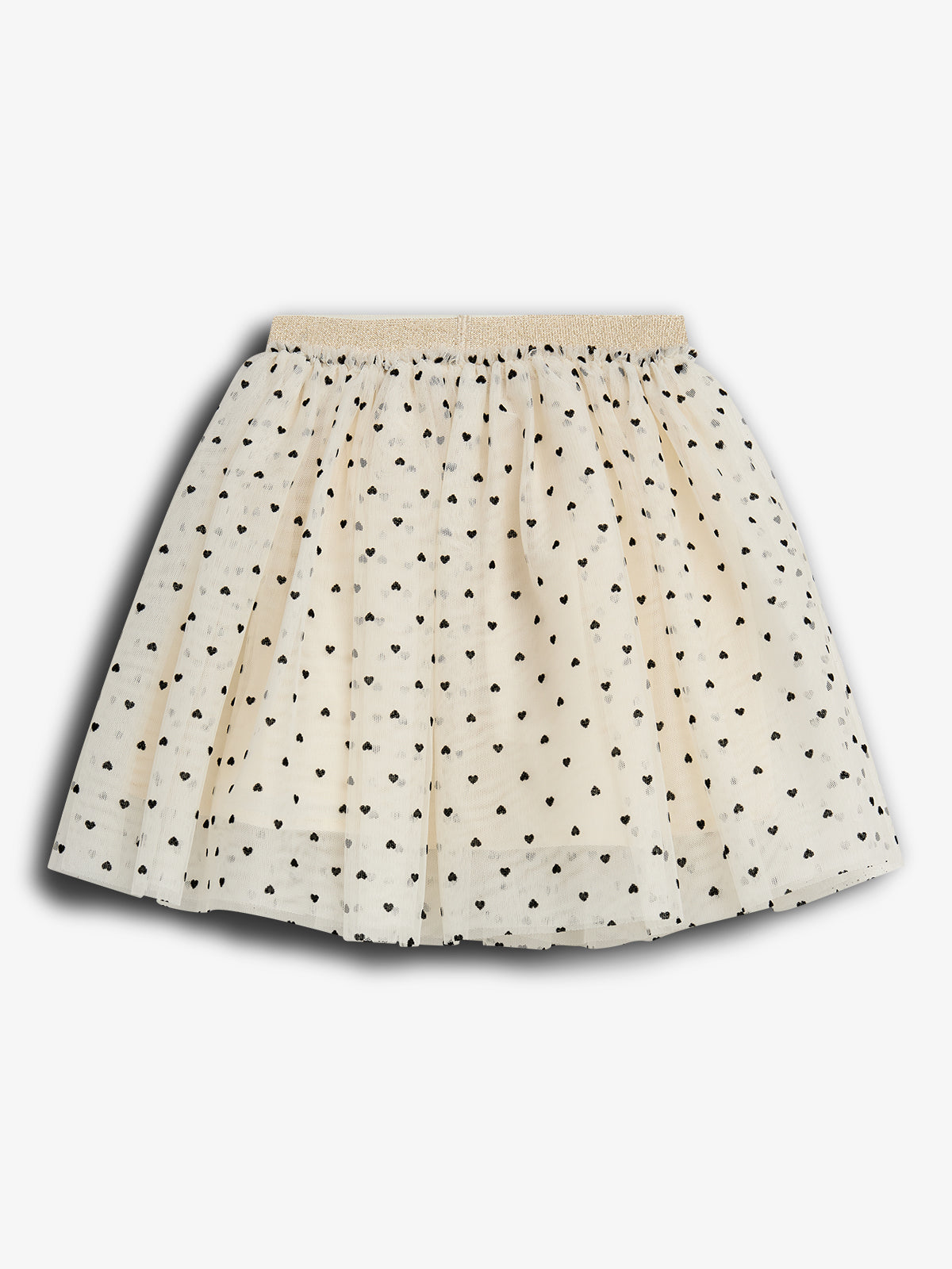 Cream-colored skirt with a gathered waist, featuring a pattern of small black hearts. It is set against a plain white background.