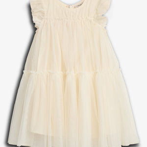Cream-colored, sleeveless dress with ruffled shoulders and a layered tulle skirt, displayed against a plain white background. It has a delicate, flowing appearance suitable for formal occasions.