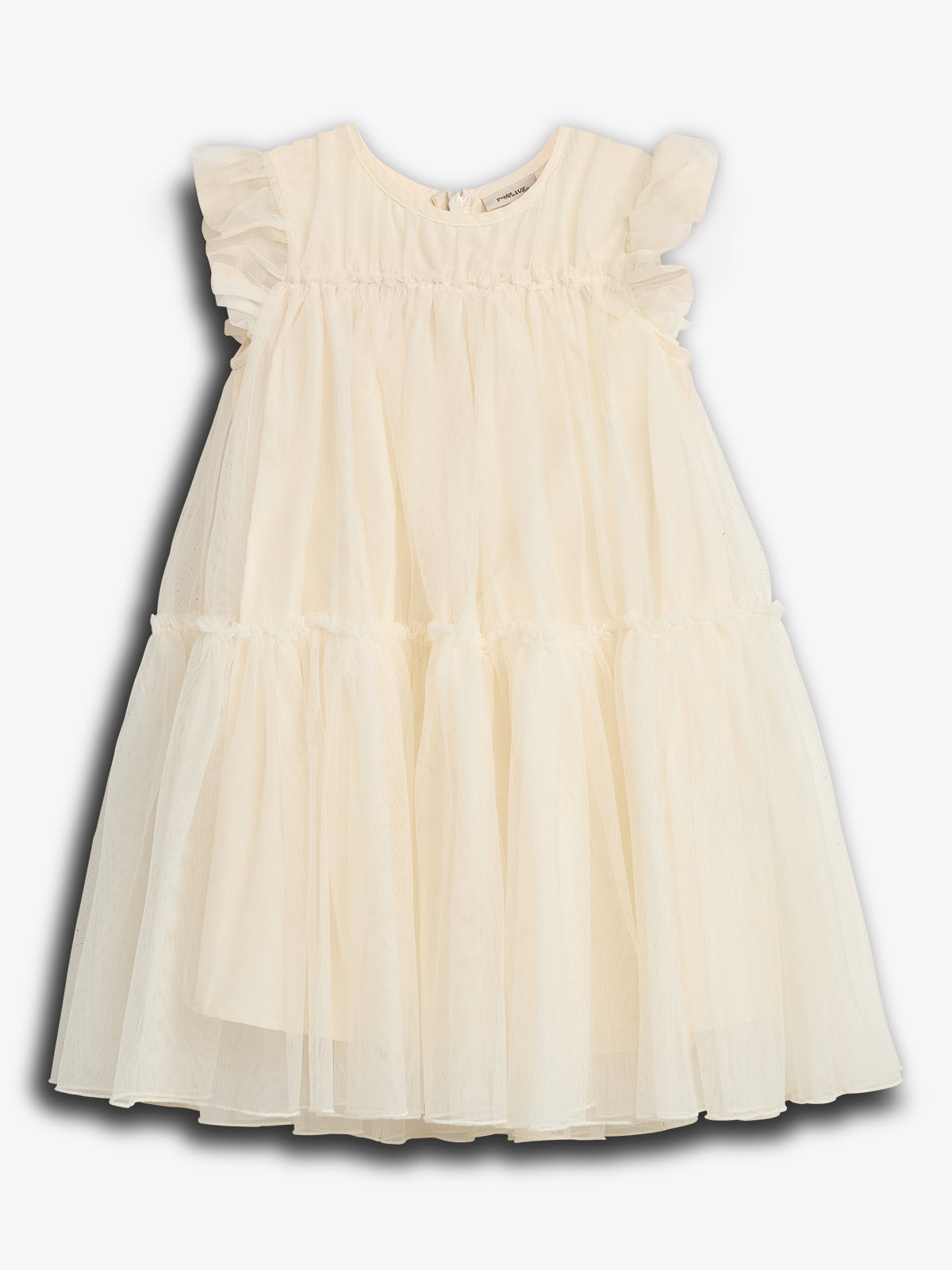 Cream-colored, sleeveless dress with ruffled shoulders and a layered tulle skirt, displayed against a plain white background. It has a delicate, flowing appearance suitable for formal occasions.
