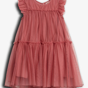A pink, ruffled, sleeveless dress hangs unworn. It has a round neckline and layered tulle fabric, placed against a plain, light background.
