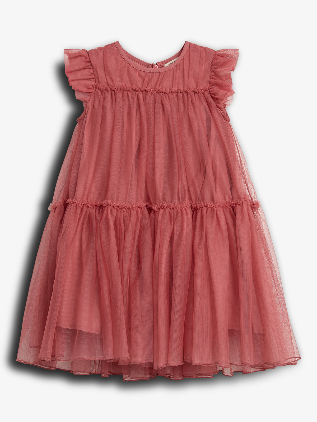 A pink, ruffled, sleeveless dress hangs unworn. It has a round neckline and layered tulle fabric, placed against a plain, light background.