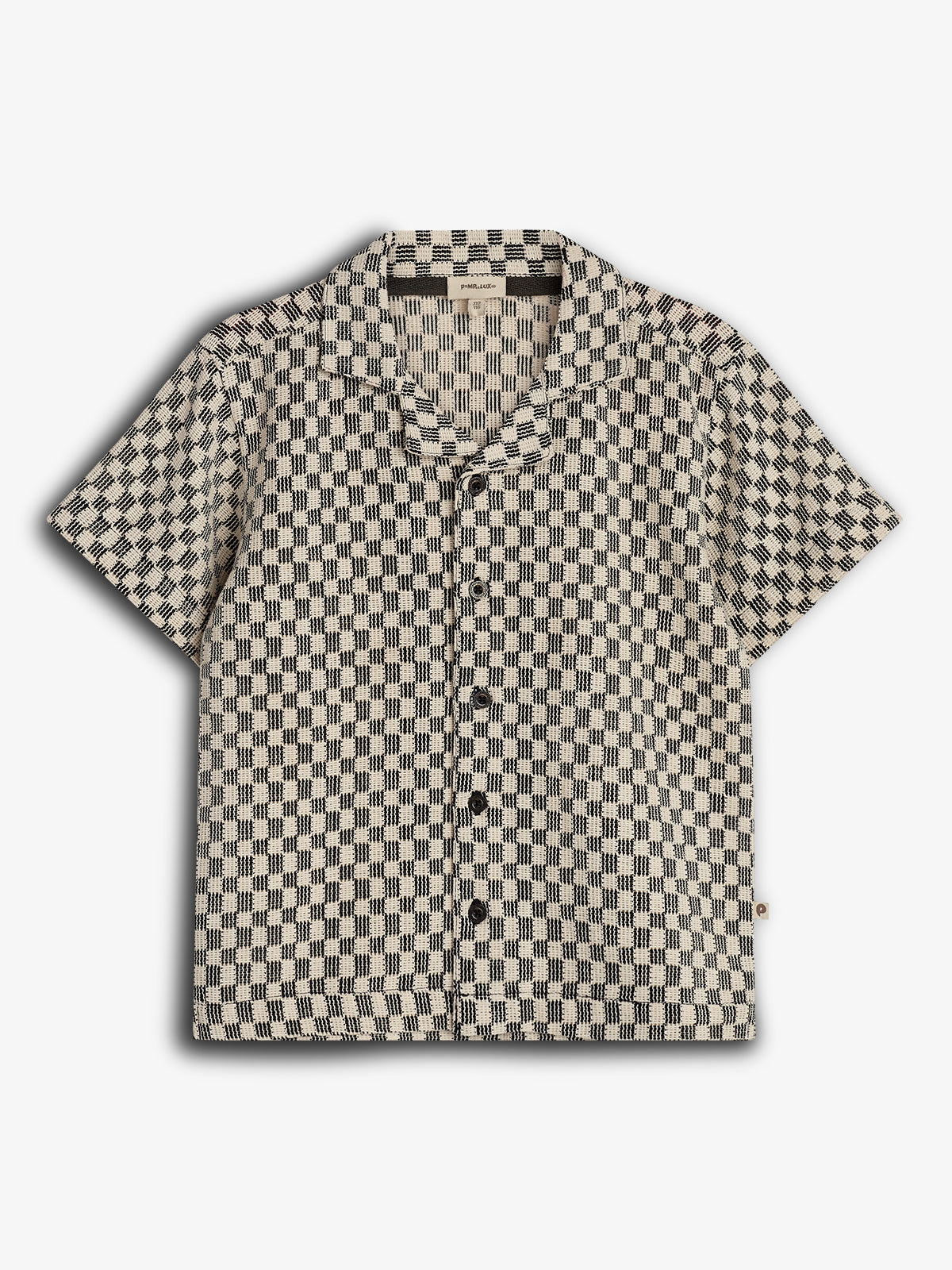 Short-sleeved, button-up shirt featuring a black and beige checkered pattern, displayed against a plain white background. The shirt has a pointed collar and the label "Pine & Lake."