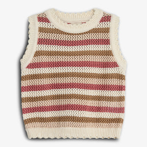 A knitted sleeveless sweater features horizontal stripes in cream, brown, and pink. It's laid flat against a plain white background, highlighting its textured, open-knit pattern and ribbed edges.