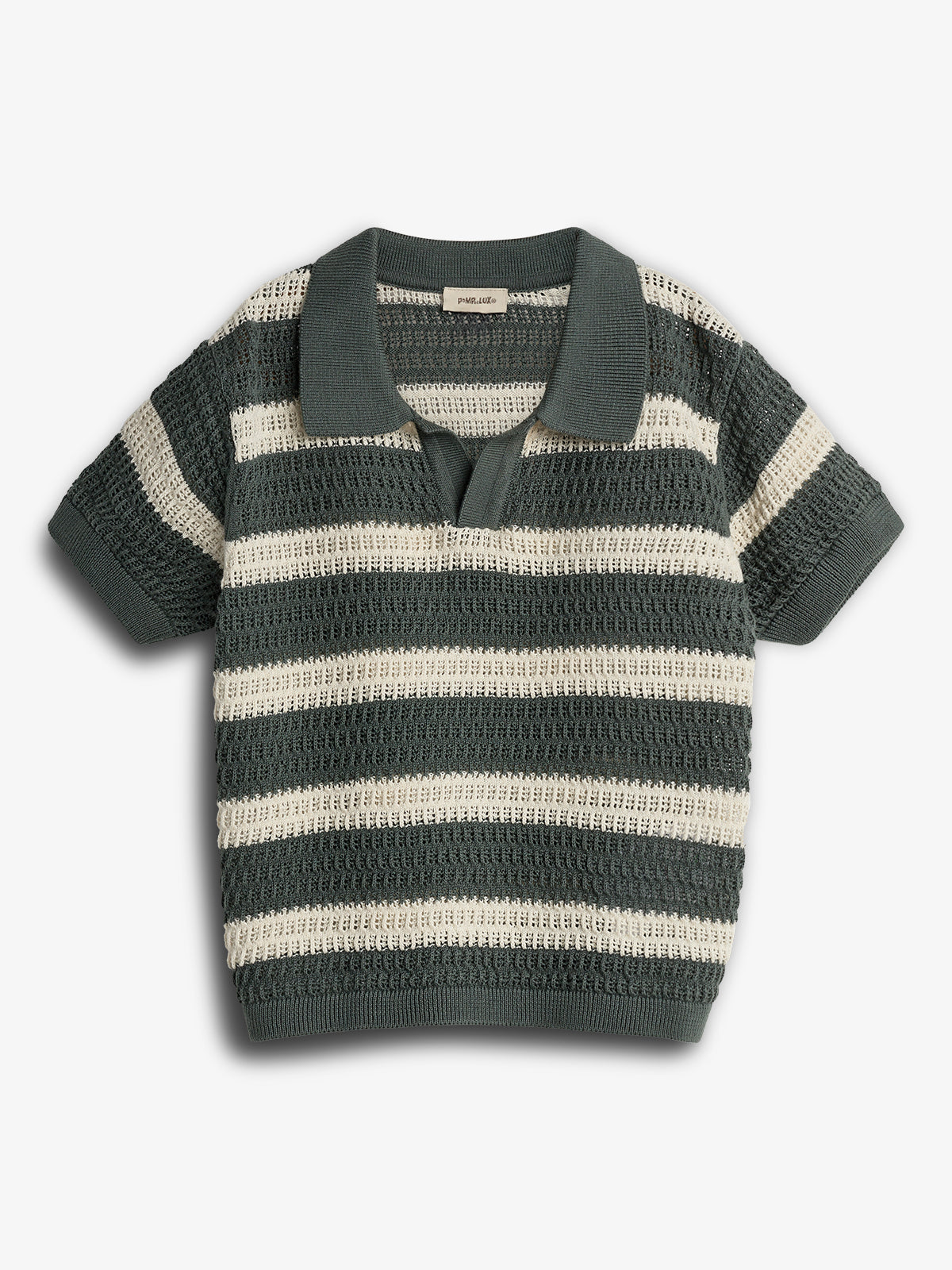 A short-sleeve knit polo shirt with alternating dark green and cream horizontal stripes is laid flat against a white background. A label reads "smallable" inside the collar.