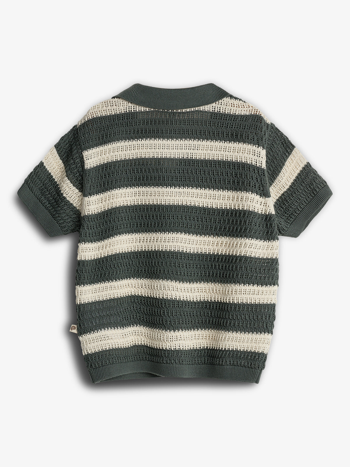 A knit short-sleeve sweater displays dark and light horizontal stripes, laid on a plain white background. The pattern repeats symmetrically, highlighted by textured fabric. A small tag is visible.