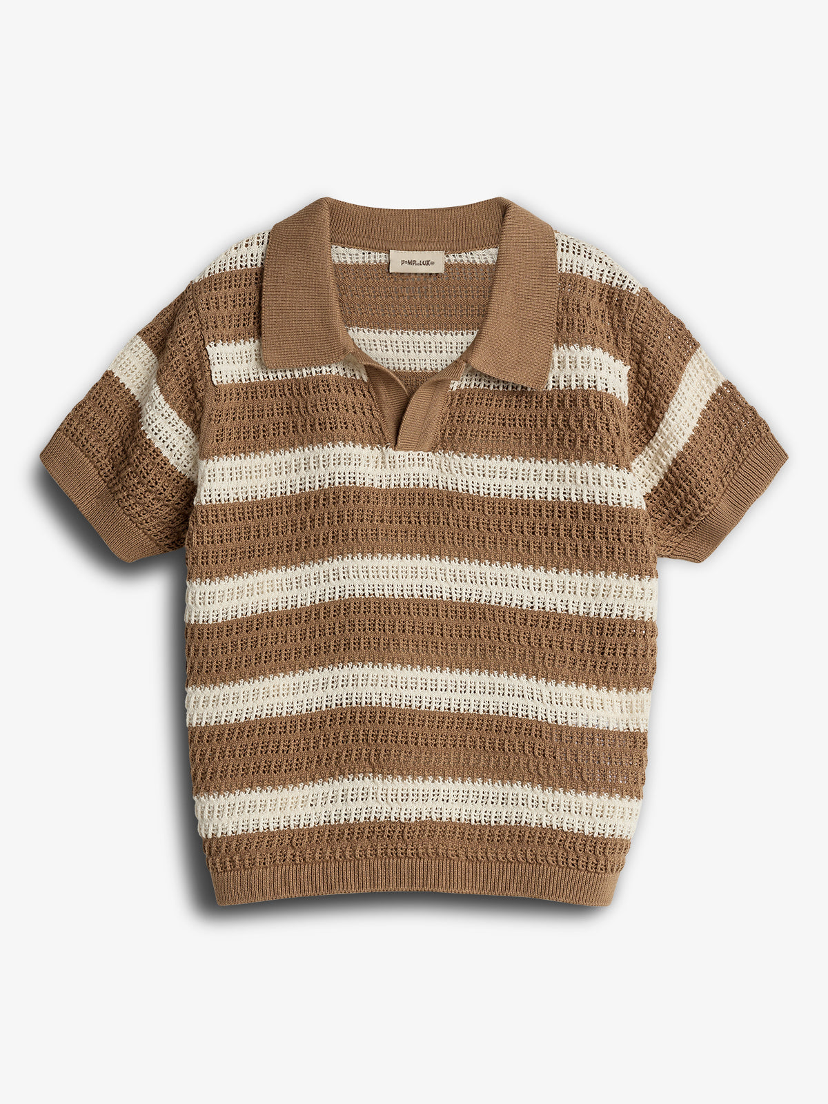A short-sleeved, collared knit sweater features alternating brown and cream horizontal stripes. It is laid flat against a white background. A label inside reads "Parade."