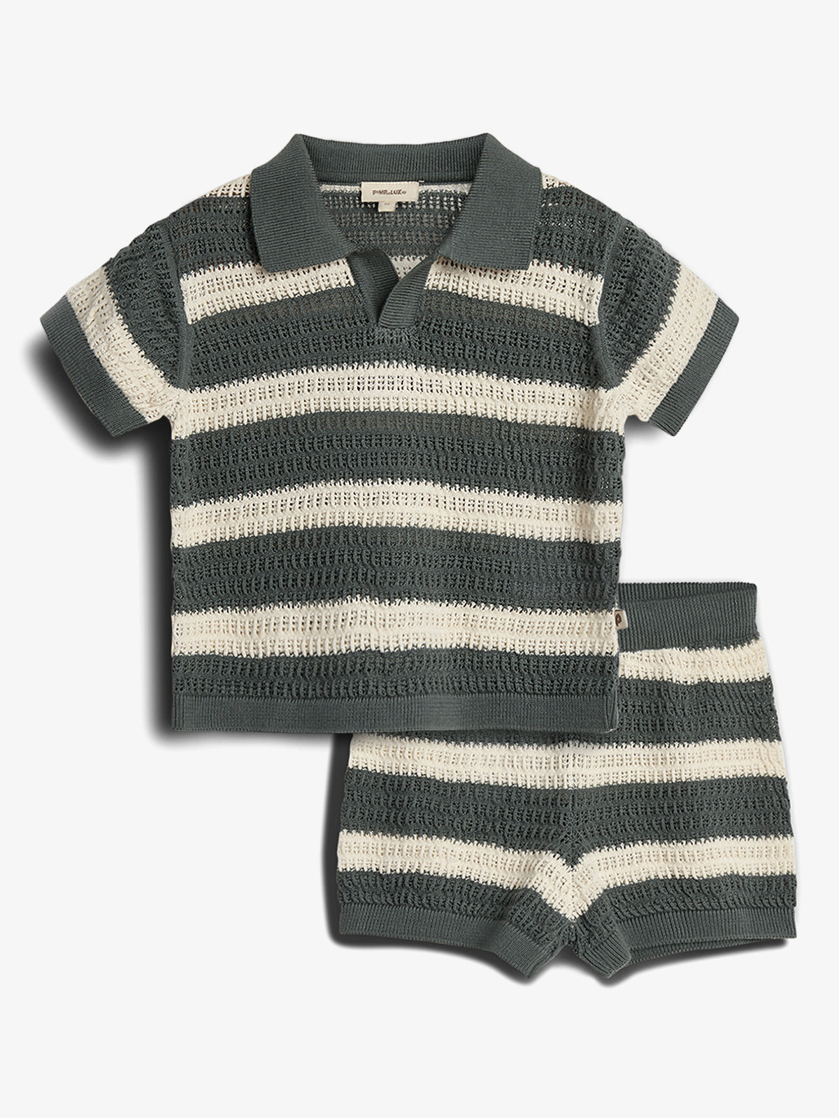 A knitted outfit features a short-sleeved collared shirt and shorts with green and white stripes. The label inside the shirt reads "pamelacute." Both pieces have a textured, open-knit design.