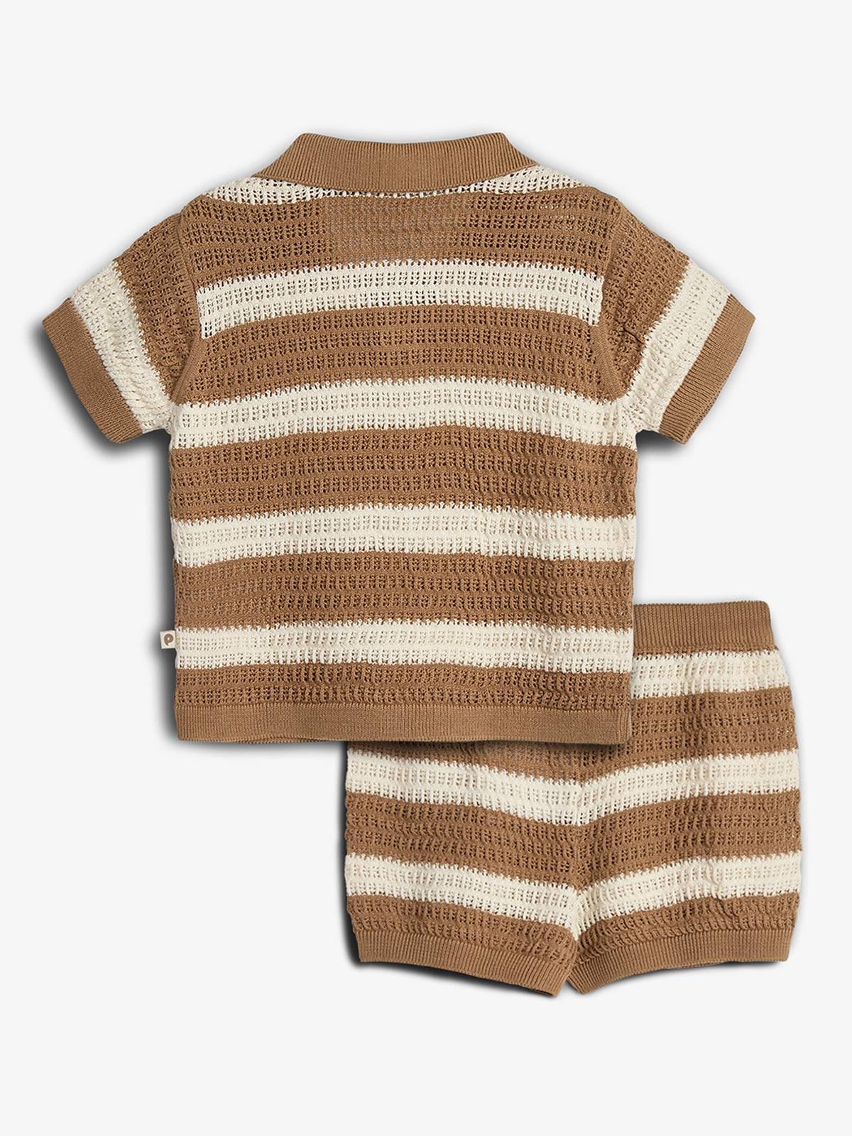 A brown and cream striped knitted baby outfit, consisting of a short-sleeved top and shorts, is laid flat against a plain white background.