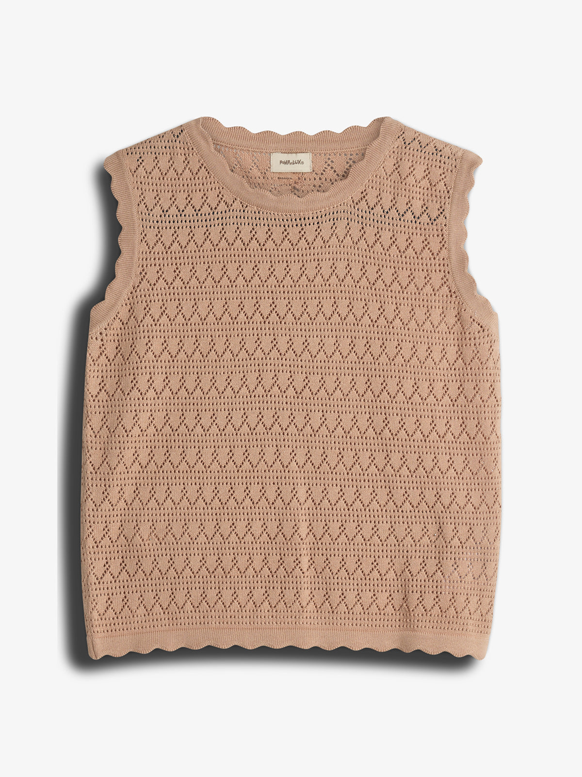 Sleeveless beige knit top featuring intricate openwork patterns and scalloped edges. Positioned against a plain white background, the label reads "Molli Paris" at the neckline.
