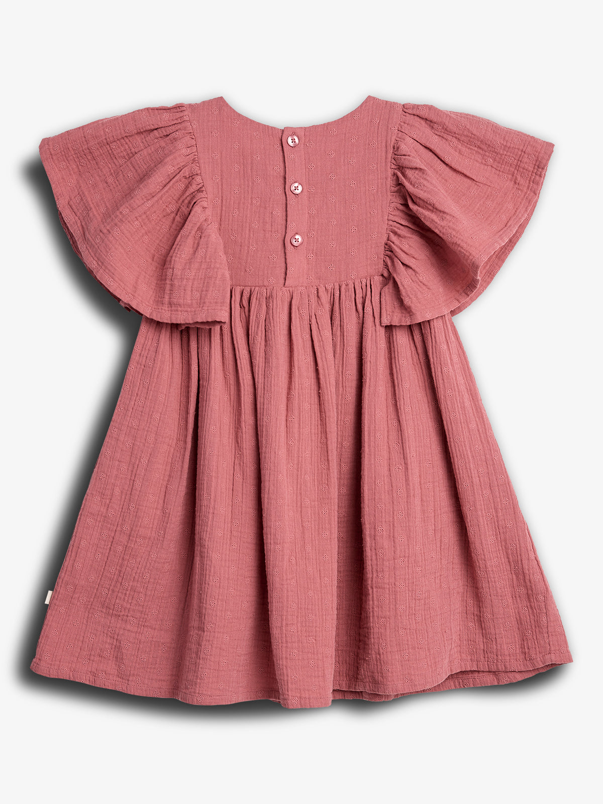 A pink, short-sleeved dress with a gathered skirt and buttoned back, displayed flat against a plain white background.