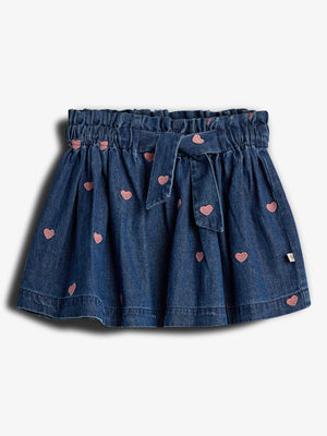 Denim Nederdel med Broderi - Tween - Mørkeblå Denim med Rosenhjerte | 100407 Debbie