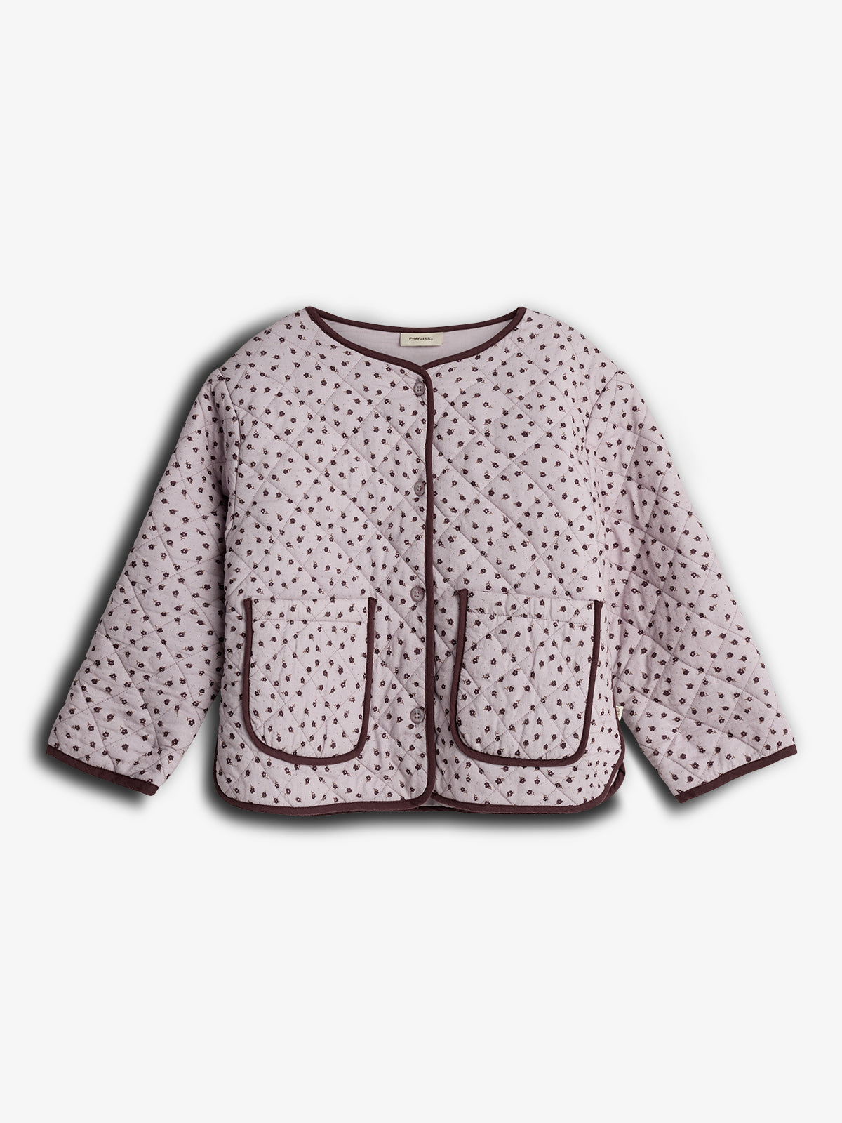 Quilted jacket with a floral pattern and dark brown trim, featuring two large front pockets and button closure. Displayed against a plain white background.