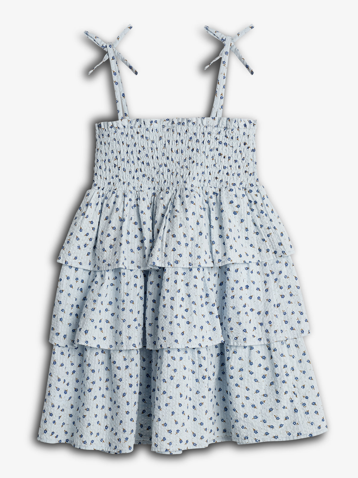 En blå, mønstret sommerkjole med bindebåndsstropper og flæser, hænger frit. Den har små blomsterdetaljer og en smockdetalje øverst, omgivet af en enkel, lys baggrund.