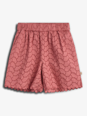 Pink lace shorts with an elastic waistband, featuring a textured pattern and scalloped edges; photographed against a plain white background.