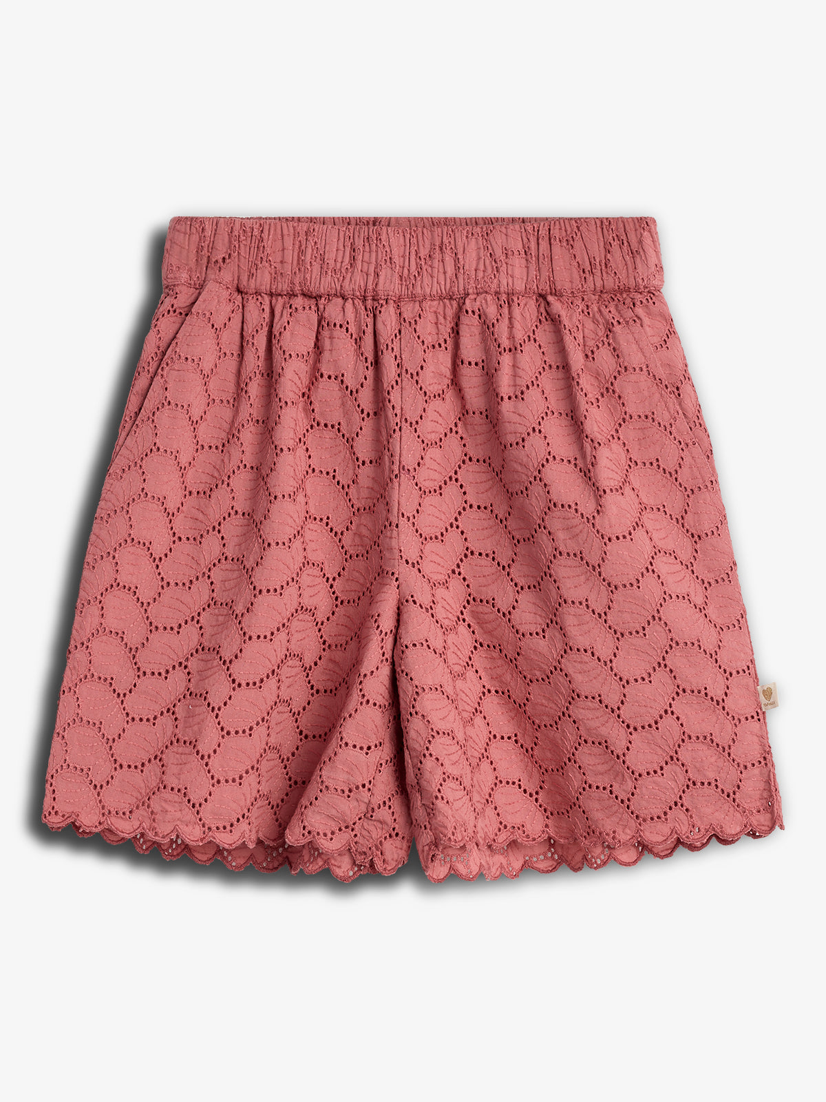 Pink lace shorts with an elastic waistband, featuring a textured pattern and scalloped edges; photographed against a plain white background.