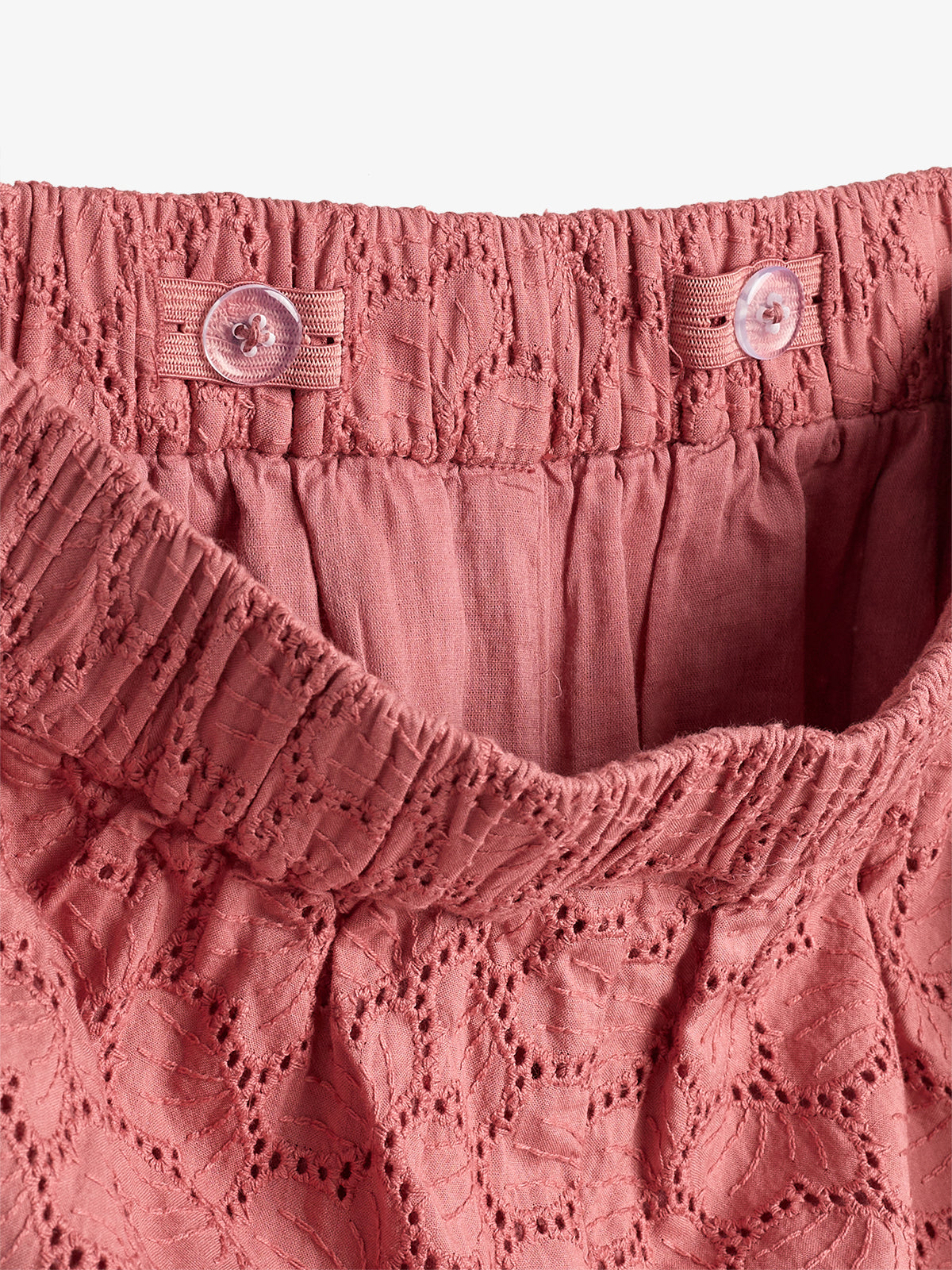 Pink elastic waistband with two adjustment buttons; features intricate floral lace pattern on the fabric, providing a detailed and textured appearance against a plain background.