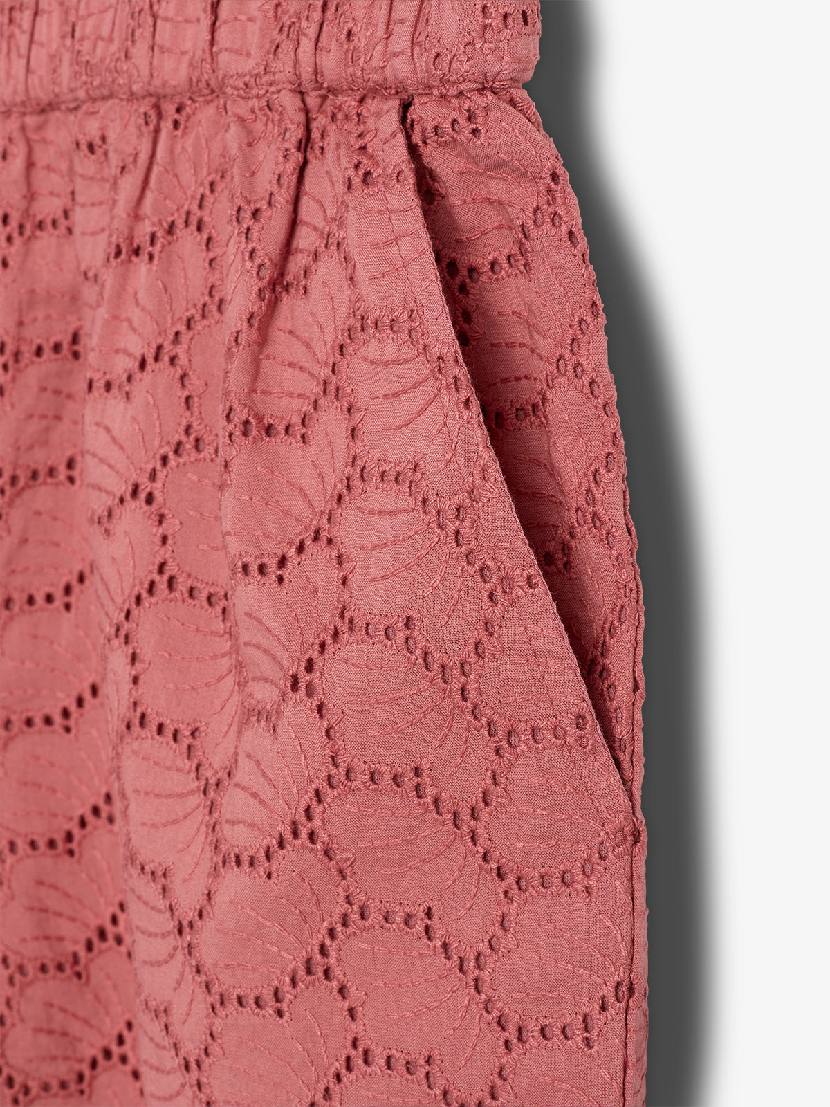 Pink, embroidered fabric with scalloped patterns and a pocket, displaying detailed, circular lace designs, in a close-up view against a plain background.