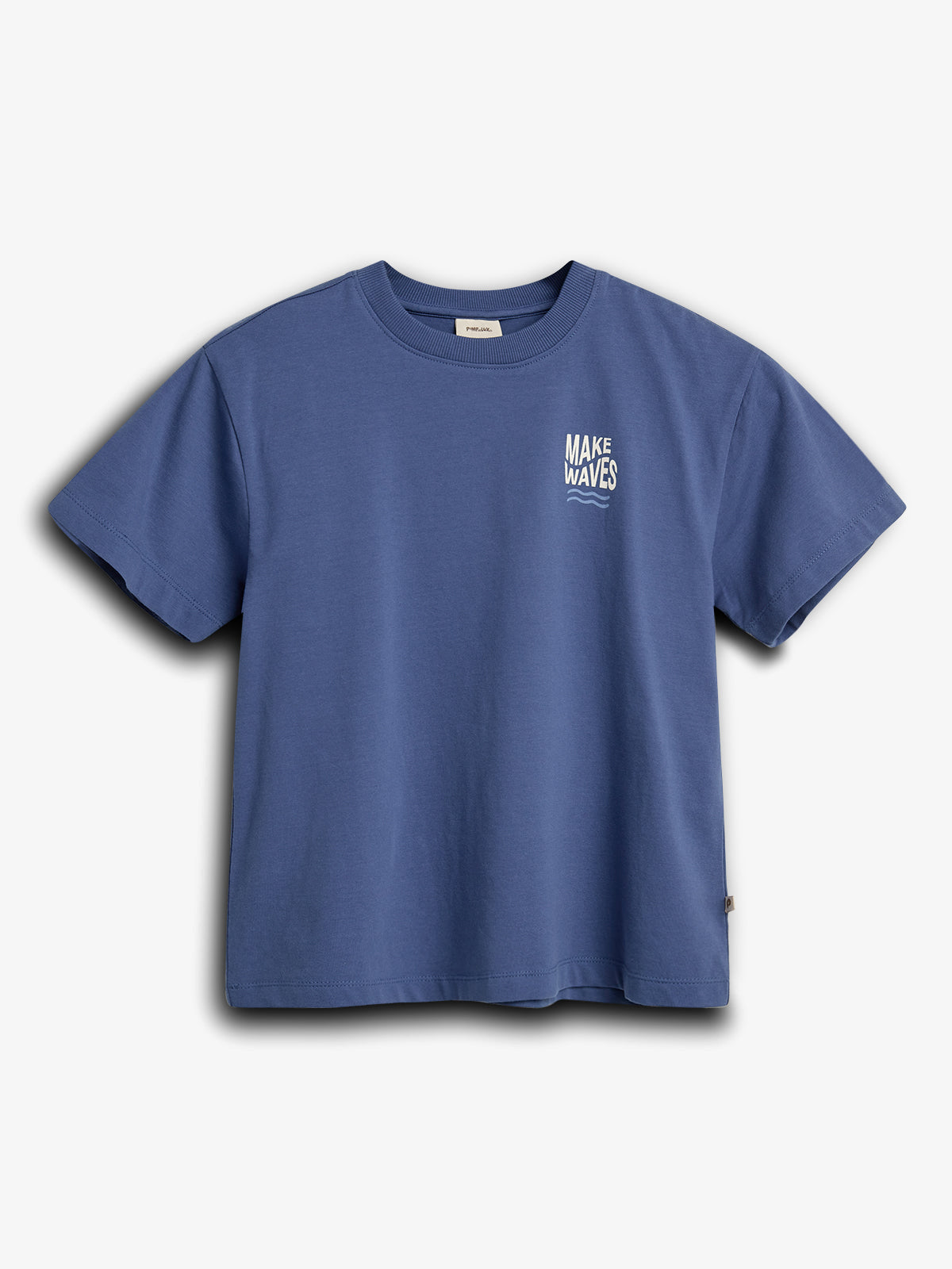 Blue T-shirt with the phrase "MAKE WAVES" printed in white on the front, displayed on a plain white background.