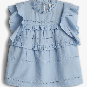 Blue sleeveless blouse with ruffled layers and embroidered patterns, displayed flat against a plain white background.
