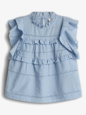 Blue sleeveless blouse with ruffled layers and embroidered patterns, displayed flat against a plain white background.