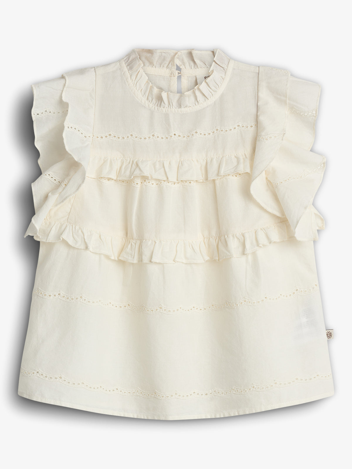 A cream-colored blouse with ruffled sleeves features delicate lace details across the front, set against a plain white background.