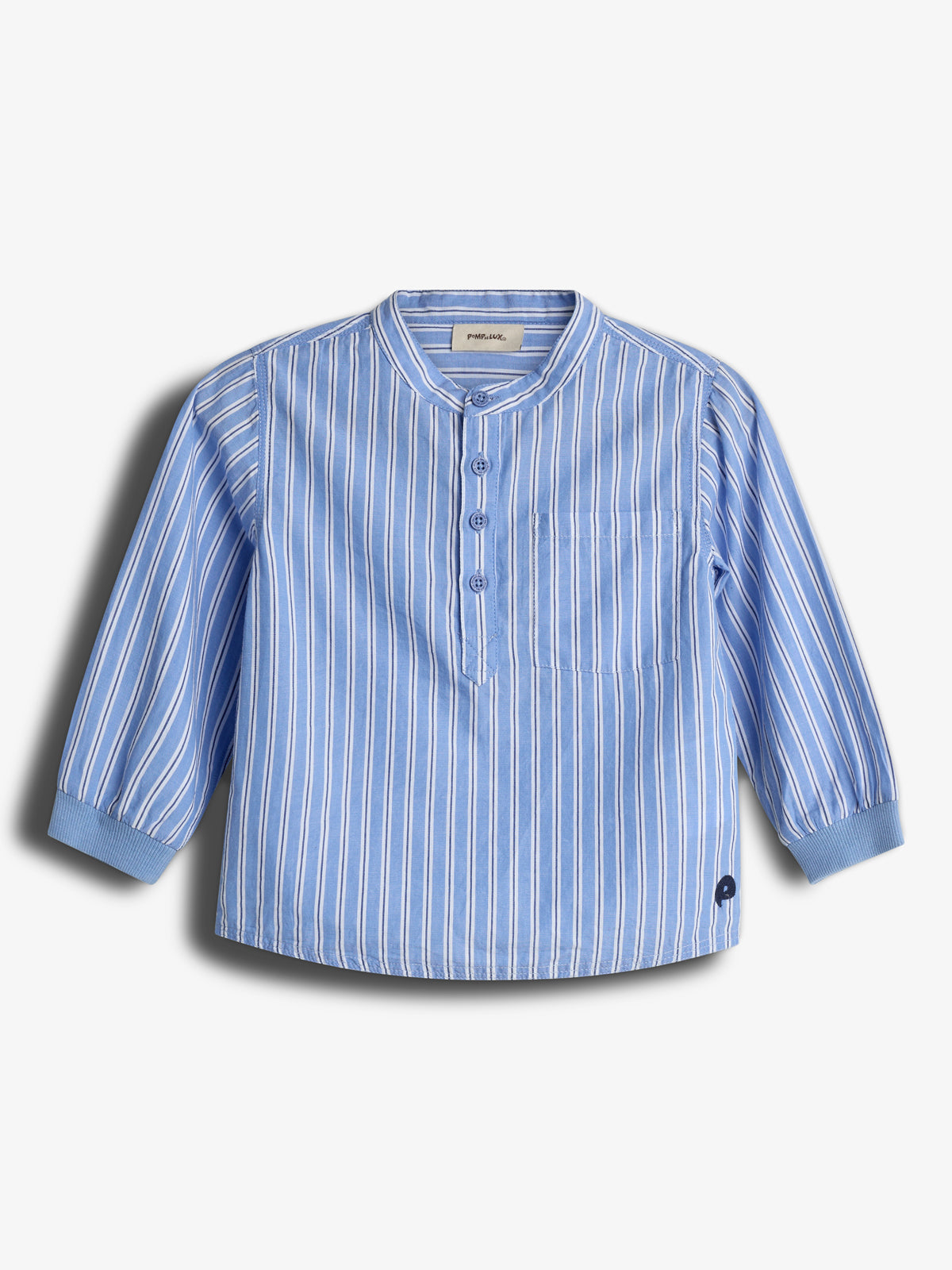Blue and white vertically striped shirt featuring a mandarin collar, button-up design, and long sleeves. The shirt includes a chest pocket and a small logo near the hem.