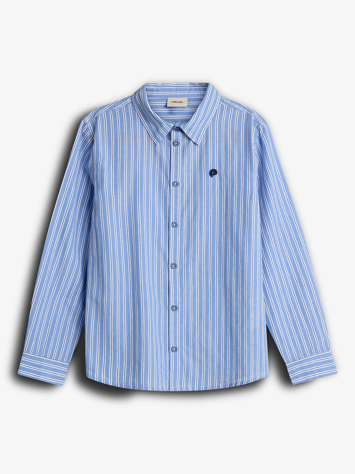 A blue button-up shirt with white vertical stripes features long sleeves and a small embroidered detail on the chest, displayed against a plain white background.