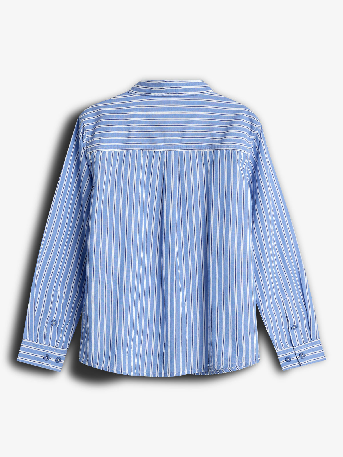 A blue long-sleeve shirt with white vertical stripes hangs against a plain white background, featuring buttoned cuffs and a pleated back design.