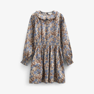 Kjole i bomulds-poplin med Print og elastik i taljen - Tween - Blue / Brown | 100719 Amy