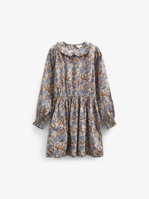 Kjole i bomulds-poplin med Print og elastik i taljen - Tween - Blue / Brown | 100719 Amy